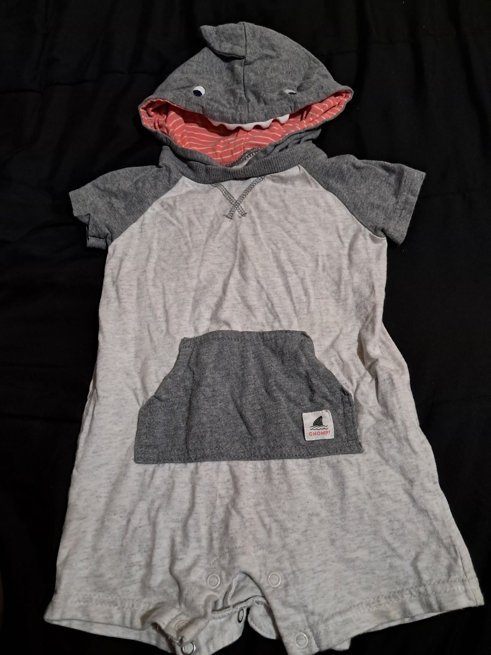 Carter's Gray Shark Hooded Short-Sleeve Romper with Coral Lined Hood
